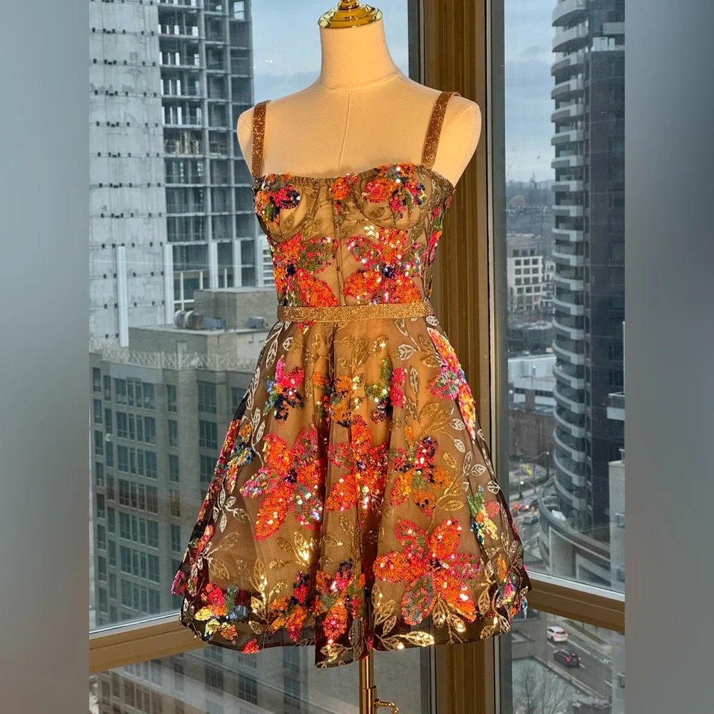 🆕 BRONX & BANCO 🧿 NWOT Mademoiselle Floral Sequin Fit-&-Flare Dress Sz XS US 2 - Picture 3 of 16